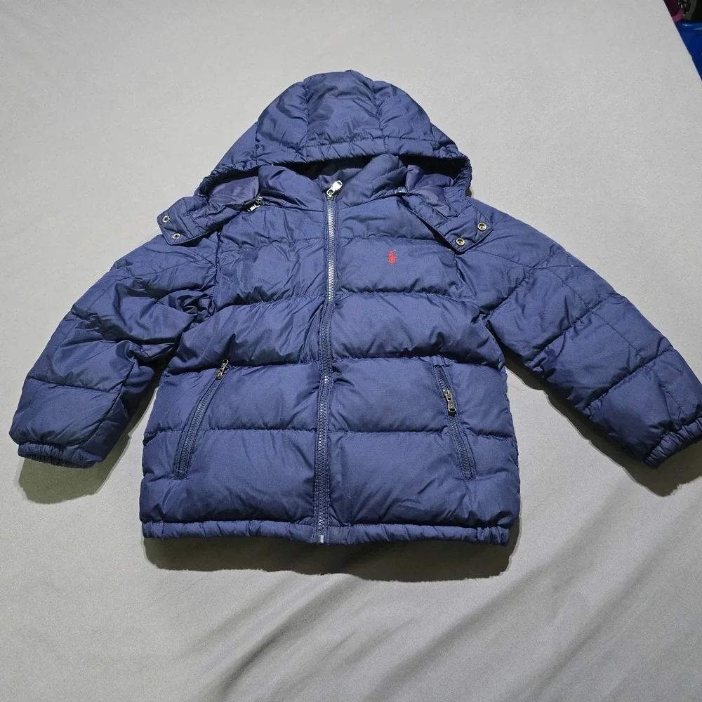 flaws Polo Ralph Lauren Puffer Jacket Kids Size 6 Navy Blue Down Filled   Hood